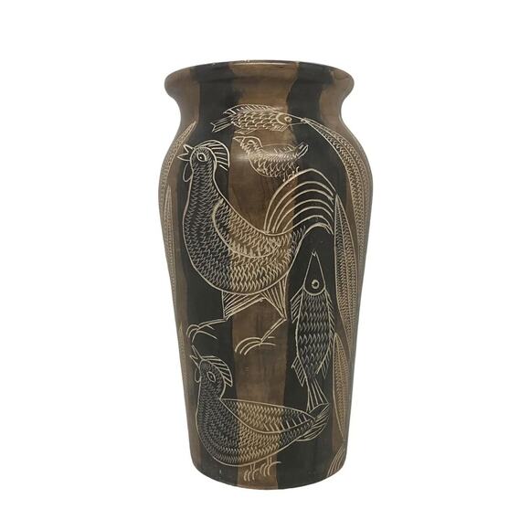 Mid 20th Century Asian Style Hand Carved Soapstone Vase Roosters Fish Plants - Picture 2 of 12